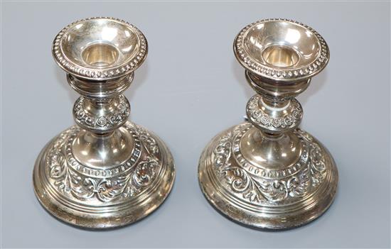 A pair of modern silver dwarf candlesticks, Birmingham, 1973, height 12.4cm.